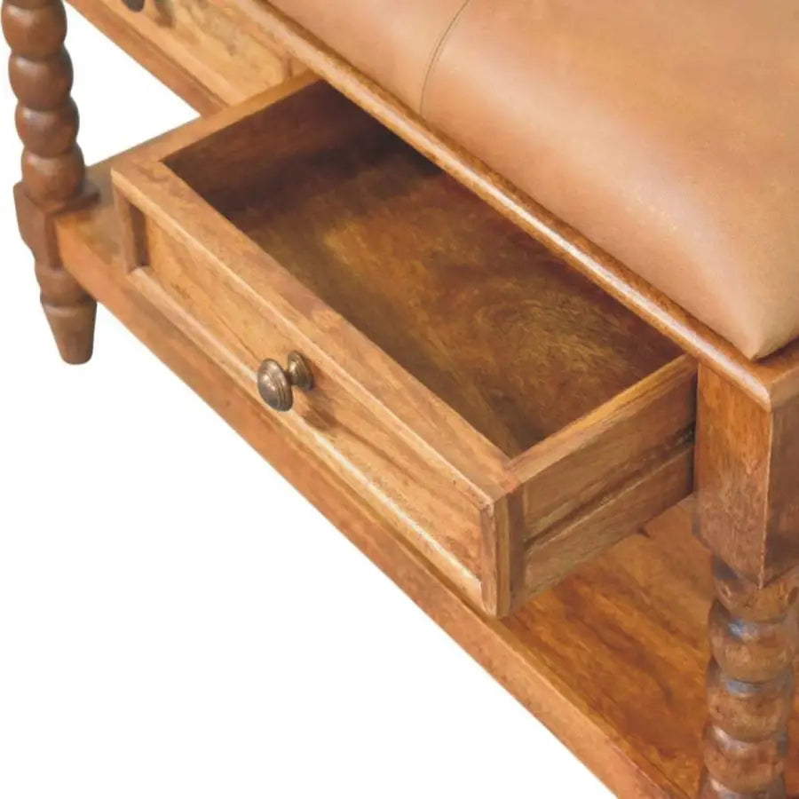 Tan spindle leather bench with solid mango wood frame, turned spindles, and a single drawer with brass hardware