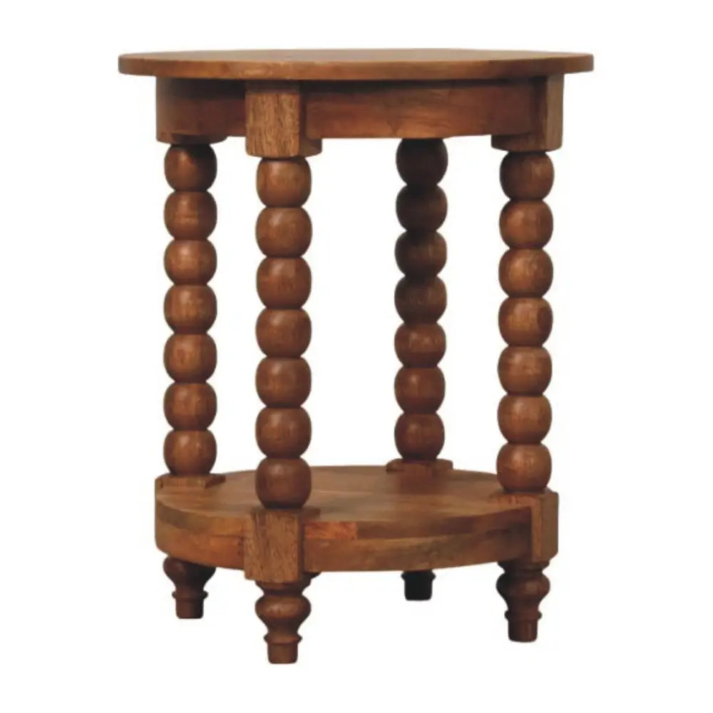 Rustic spindle round side table with turned bead legs in warm medium-brown solid mango wood finish