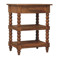 Warm brown spindle side table made of solid mango wood with single drawer and turned bead legs