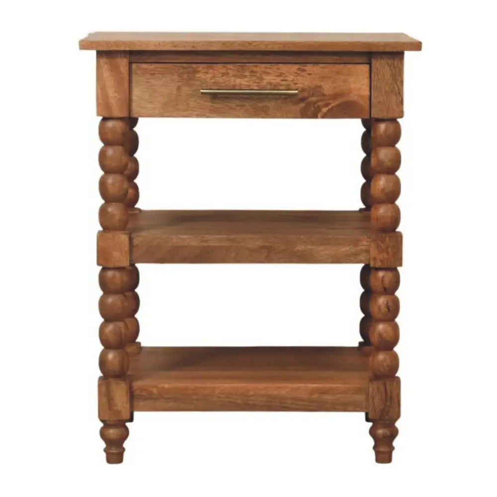 Spindle side table rustic wooden nightstand with turned bead legs honey tone made of solid mango wood
