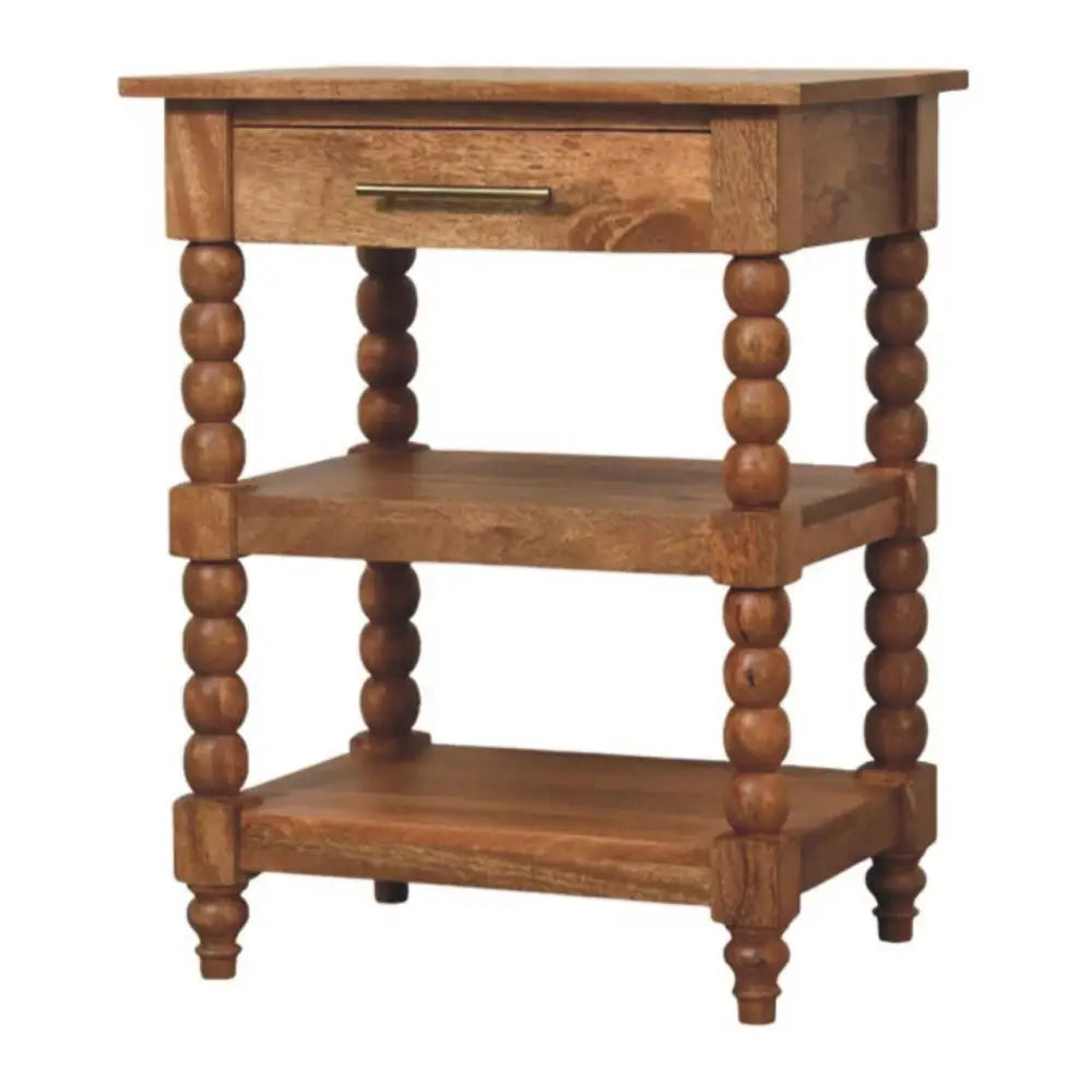 Rustic spindle side table with turned legs and single drawer in warm solid mango wood finish