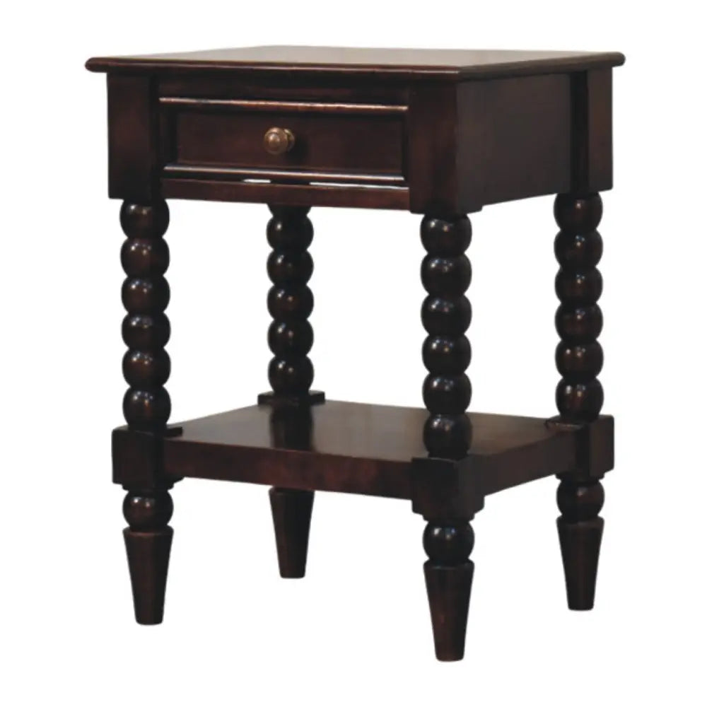 Dark brown wooden spindle winewood bedside nightstand with single drawer and spindle legs for bedroom use