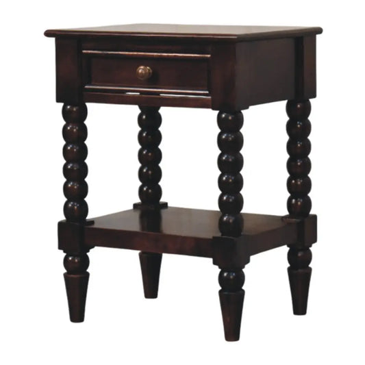 Dark brown wooden spindle winewood bedside nightstand with single drawer and spindle legs for bedroom use