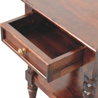 Dark brown spindle winewood bedside table with single drawer brass knobs and turned legs for bedroom use