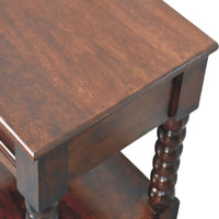 Dark brown spindle winewood bedside end table with smooth polished finish and turned spindled legs