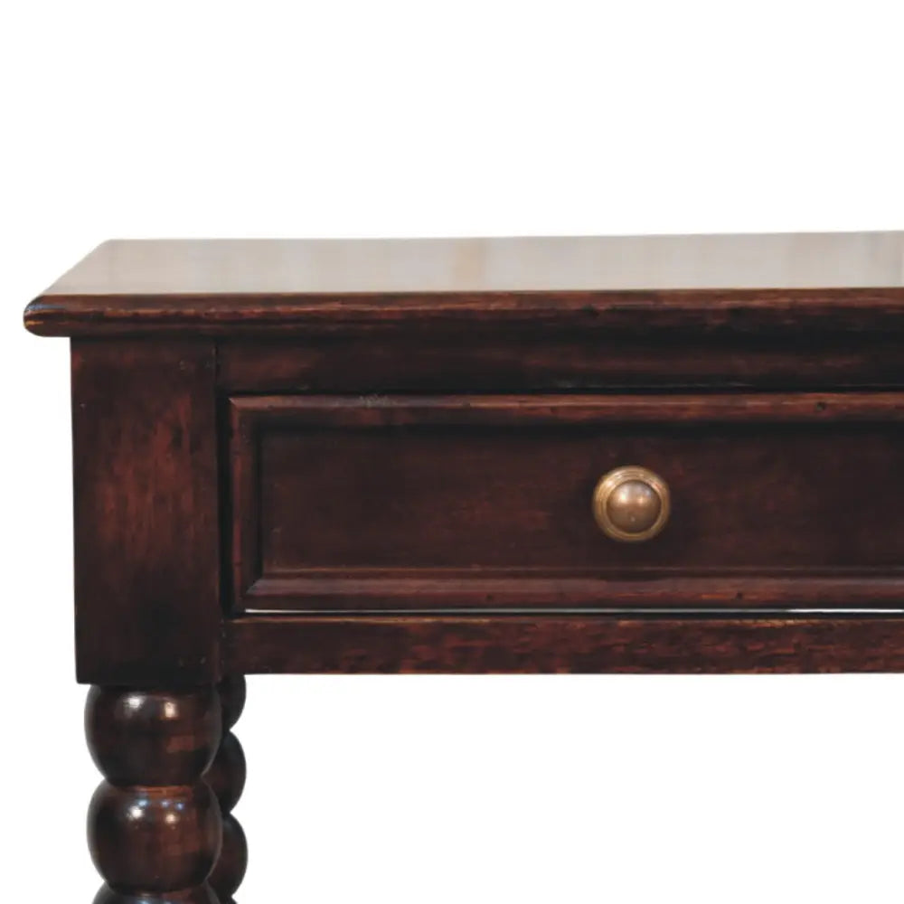 Dark brown wooden spindle winewood bedside console table with single drawer brass knob and turned legs