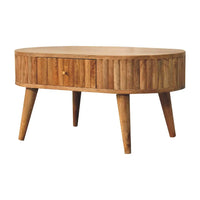A rustic stripe coffee table with natural wood finish, vertical slat sides, and tapered legs perfect for any living room