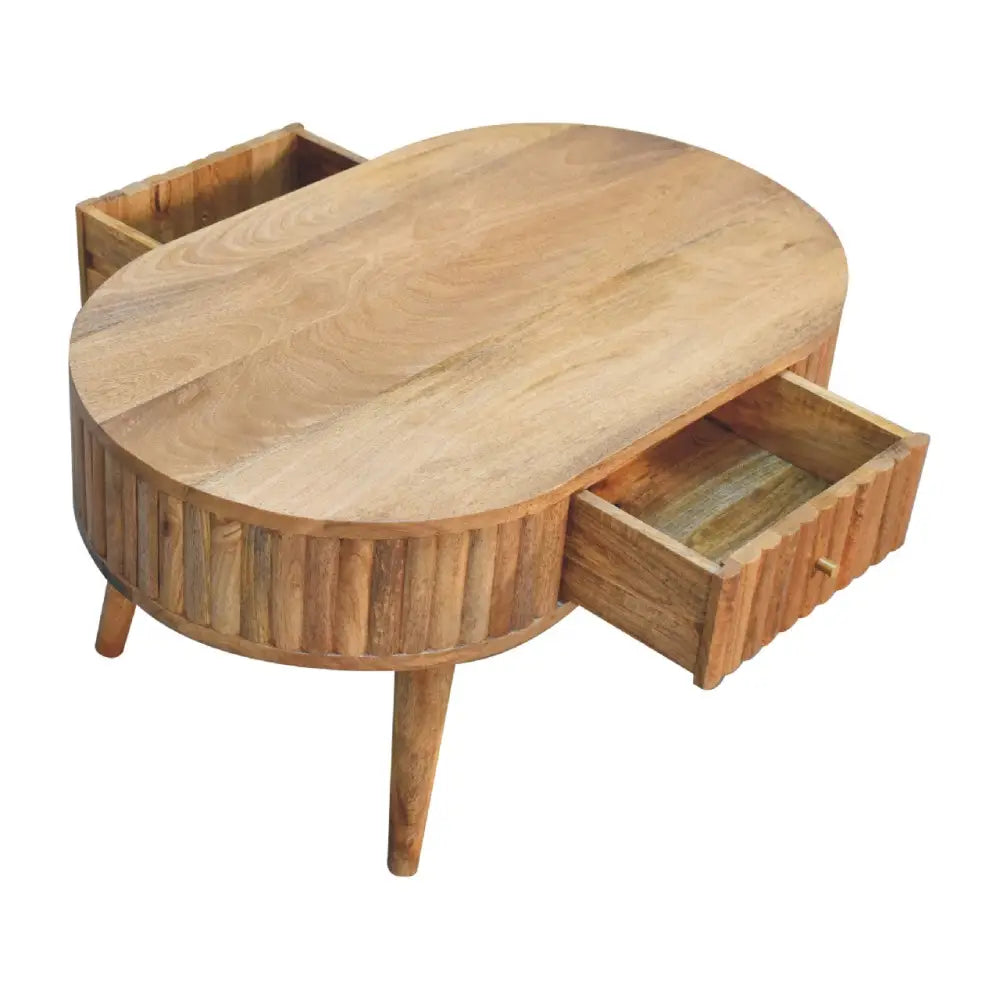 Natural wood oval stripe coffee table with two drawers and vertical slat detailing perfect for living rooms