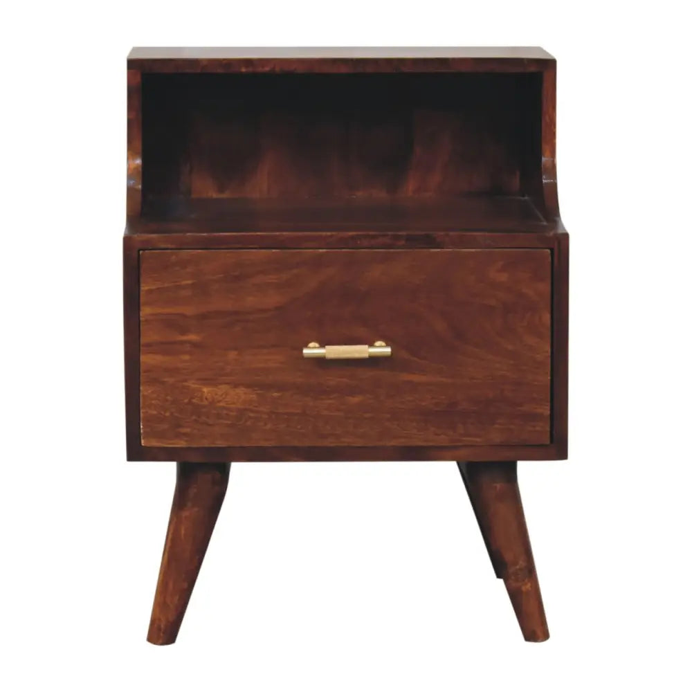 Dark wood t-bar raised bedside nightstand with single drawer brass handle and tapered legs for stylish storage