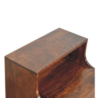 Dark wood t-bar raised bedside table with curved open shelf and brass handle for stylish bedroom storage