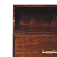 Dark brown wooden nightstand with brass handle drawer pull matching t-bar raised bedside style