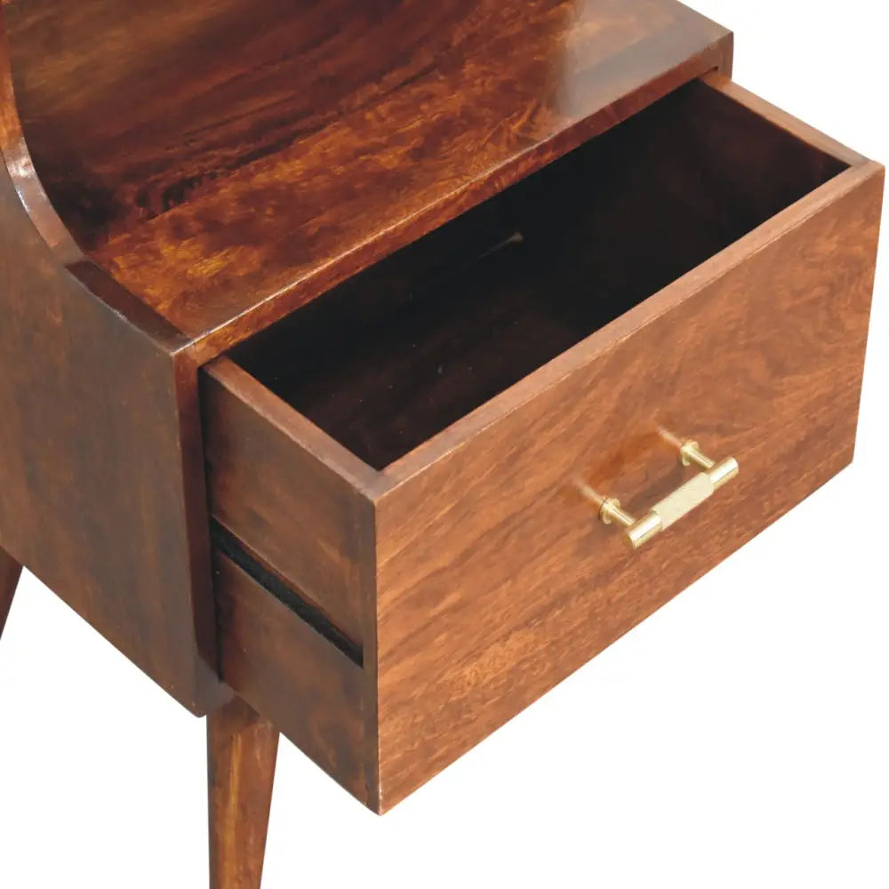 Dark wood t-bar raised bedside nightstand with glossy finish and brass handle drawer pulls for stylish storage