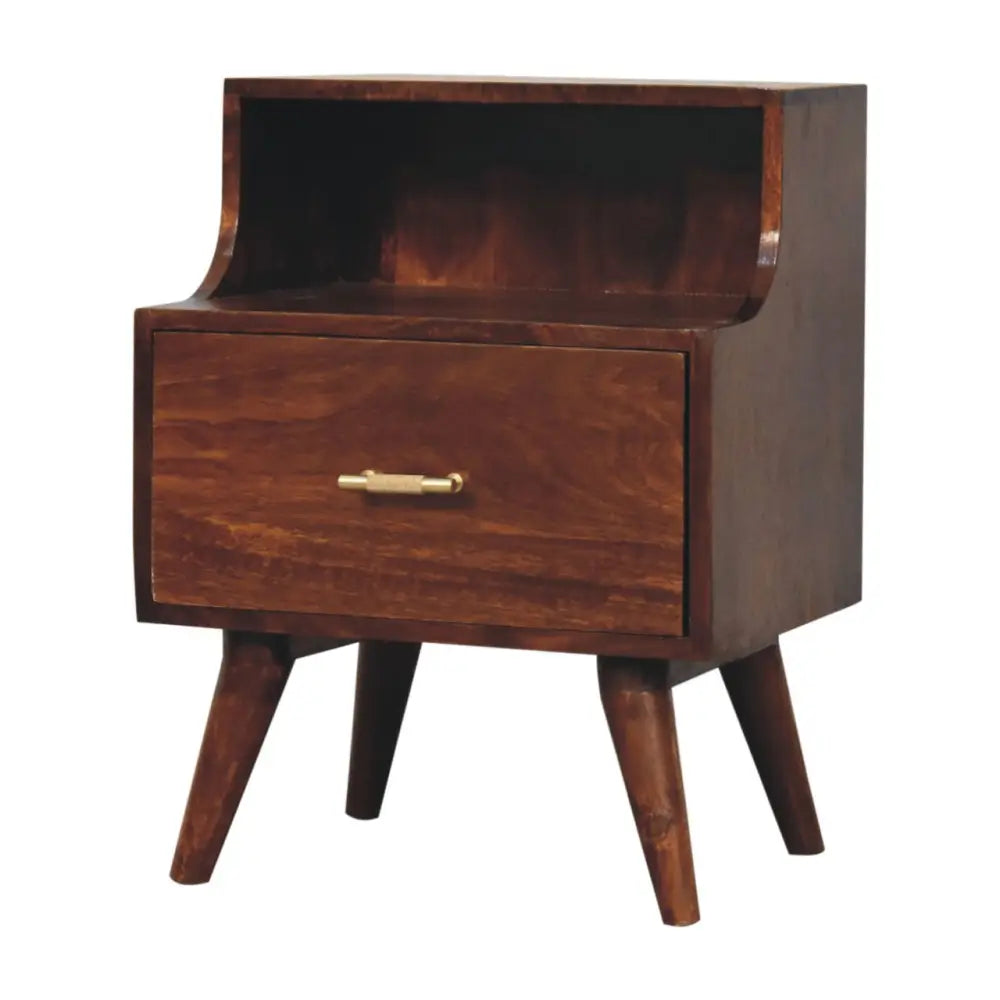 Dark brown wooden t-bar raised bedside nightstand with single drawer and brass handle on tapered legs