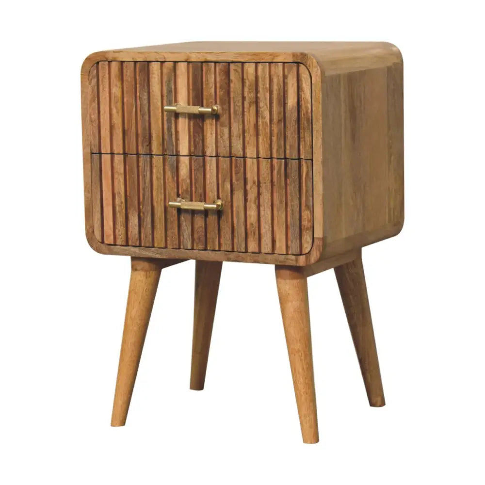 Rustic wooden t-bar ridged bedside with two vertical slatted drawers, brass handles, and tapered legs