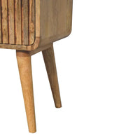 A mid-century modern wooden t-bar ridged bedside with slatted front panel and tapered legs perfect for bedroom use