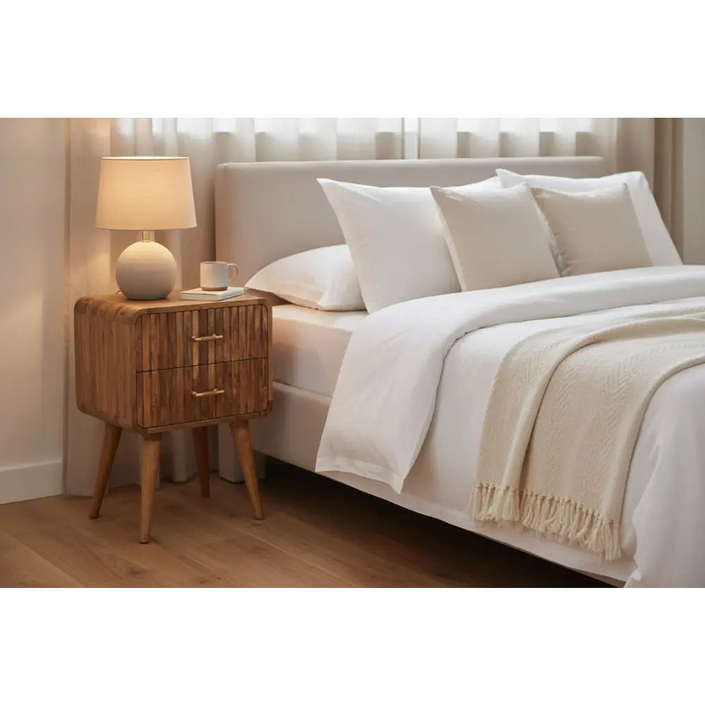 Wooden t-bar ridged bedside nightstand with two drawers gold-tone handles and natural finish tapered legs