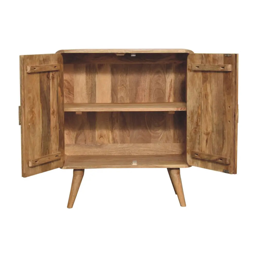 A rustic wooden t-bar ridged cabinet with two open doors and tapered legs in a natural wood finish