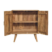 A rustic wooden t-bar ridged cabinet with two open doors and tapered legs in a natural wood finish