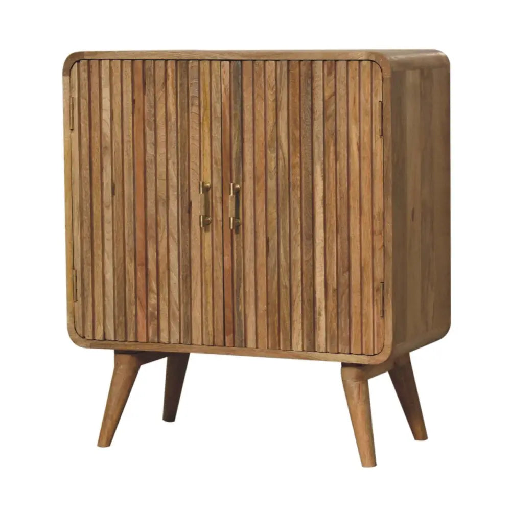 A rustic wooden t-bar ridged cabinet with vertical slats brass handles and tapered legs for stylish storage