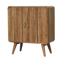 A rustic wooden t-bar ridged cabinet with vertical slats brass handles and tapered legs for stylish storage