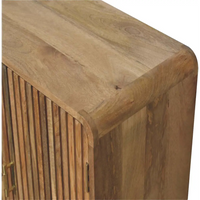 A rustic wooden t-bar ridged cabinet with natural finish vertical slats and brass hardware for stylish storage