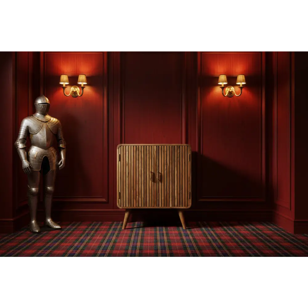 A polished silver knight’s armor stand next to a sleek t-bar ridged cabinet with reflective metallic finish and intricate details