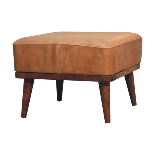Tan buffalo leather footstool with square cushioned top and dark wood legs in rich tan buffalo leather