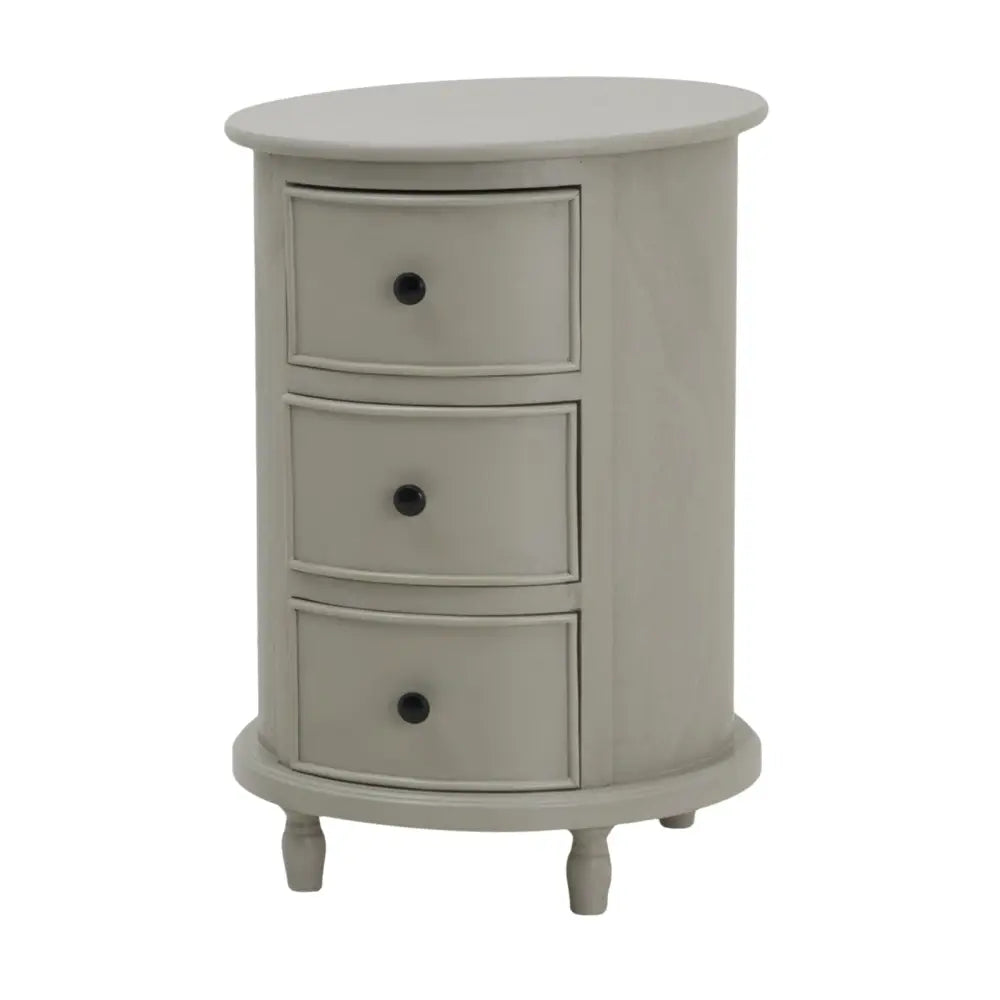 Gray oval nightstand with three drawers black round knobs and tapered legs from the camden collection drawer round table features