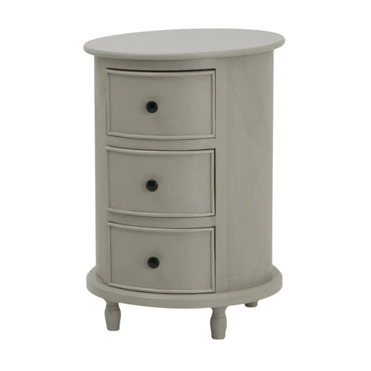 Gray oval nightstand with three drawers black round knobs and tapered legs from the camden collection drawer round table features