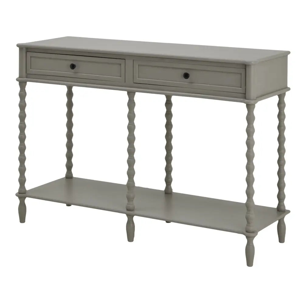 Gray console table with spindle legs and two drawers from the camden collection large two drawer console table