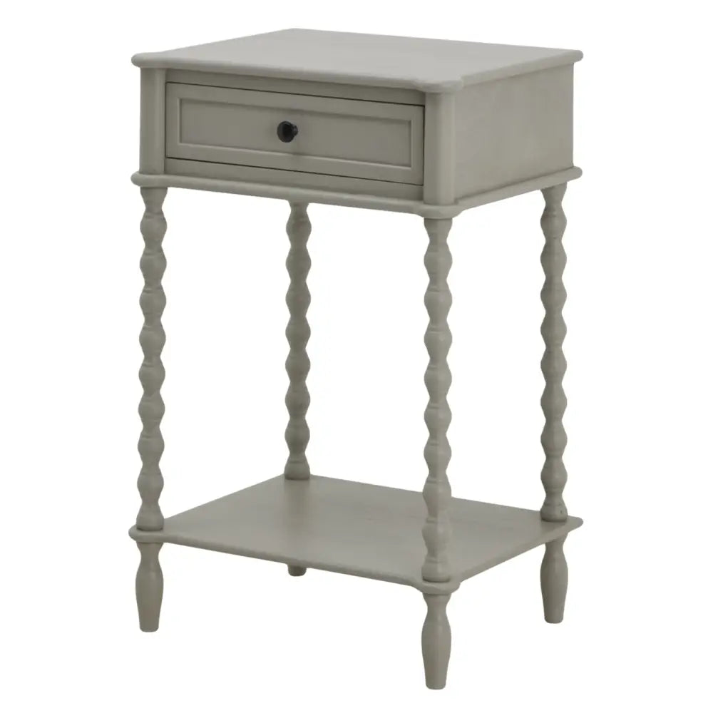 Gray painted wooden nightstand with spindle legs and single drawer from the camden collection opulent furniture line