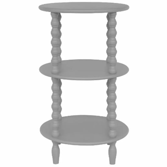Gray three tiered side table with spindle legs and round shelves from the camden collection tall round series