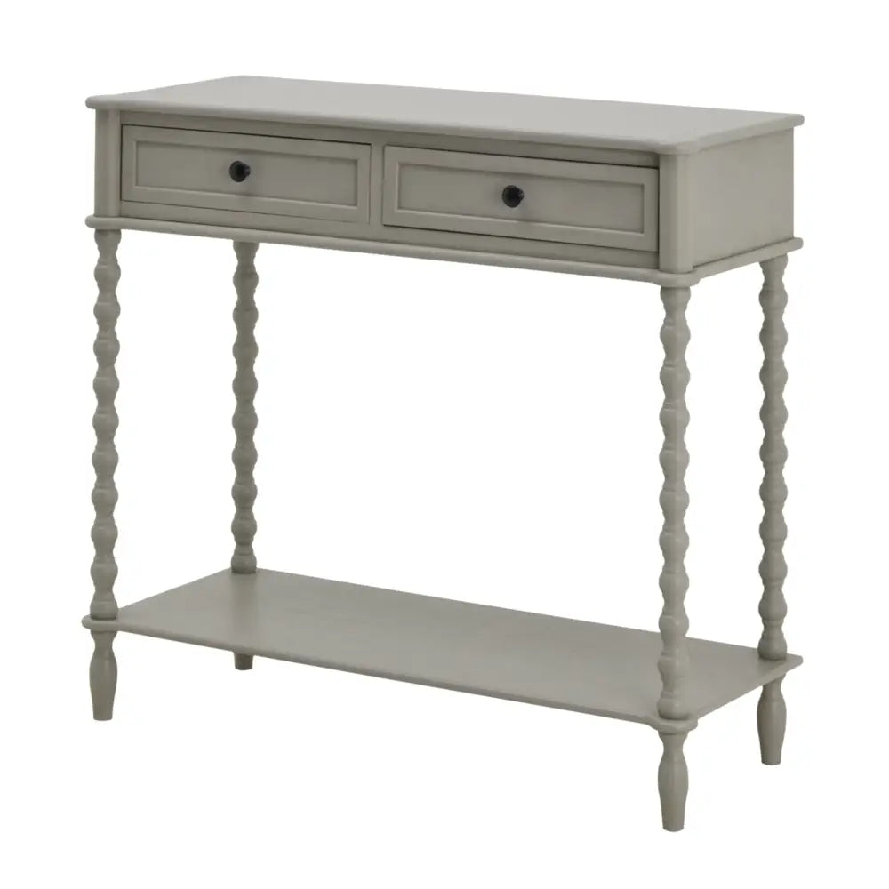 Gray console table with spindle legs and two drawers from the camden collection two drawer collection for entryway use