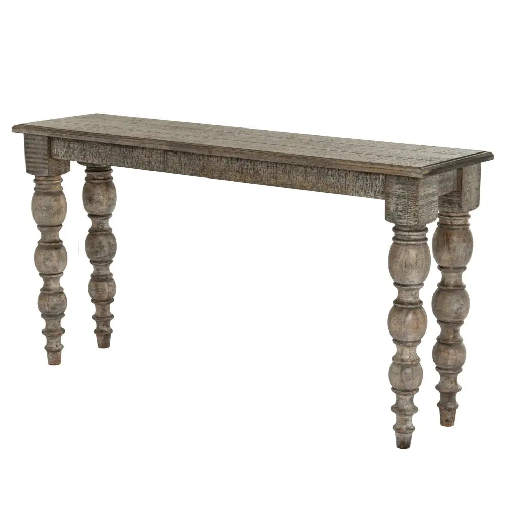 A rustic gray wooden rutland collection console table with turned spindle legs perfect for entryways or living rooms