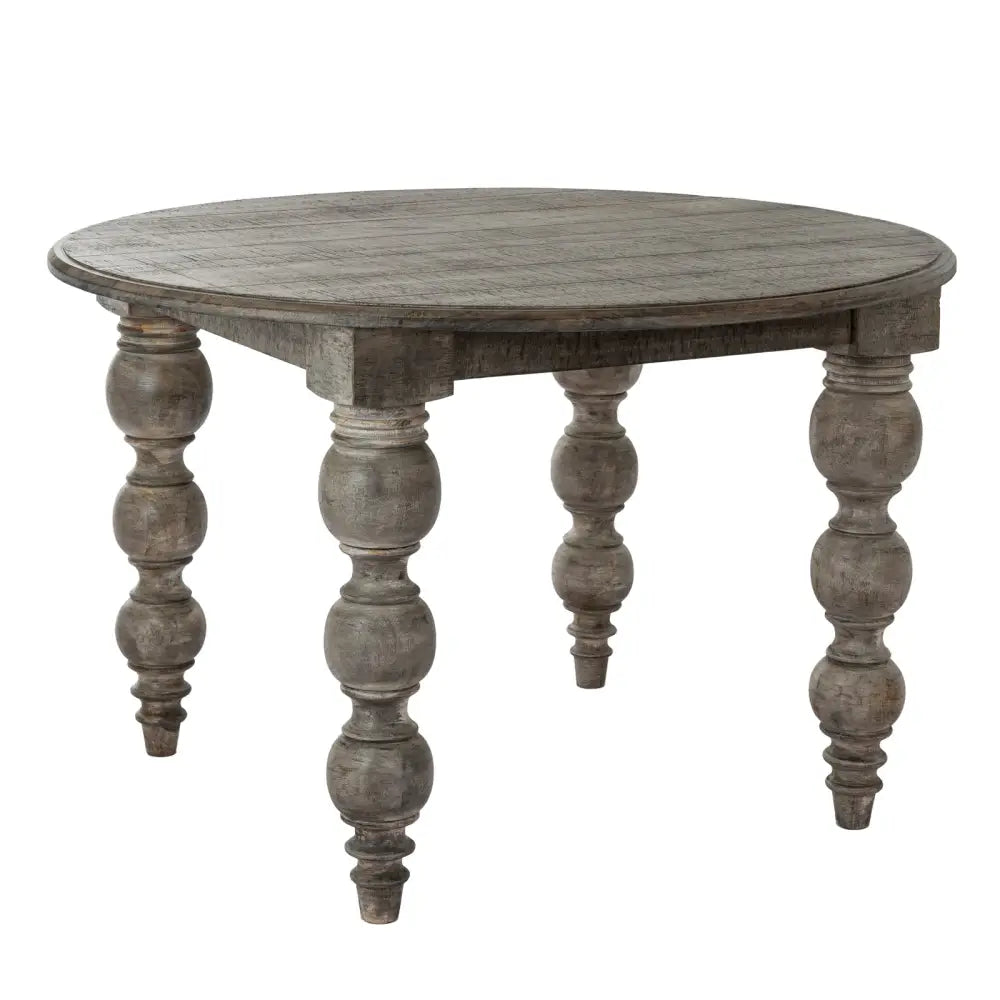 Gray distressed wood round dining table with turned spindle legs from the rutland collection perfect for round dining