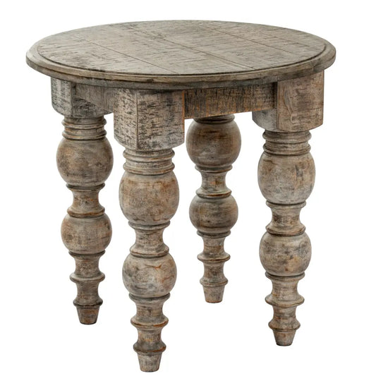 Rustic gray distressed wood round side table with turned baluster legs from the rutland collection round series