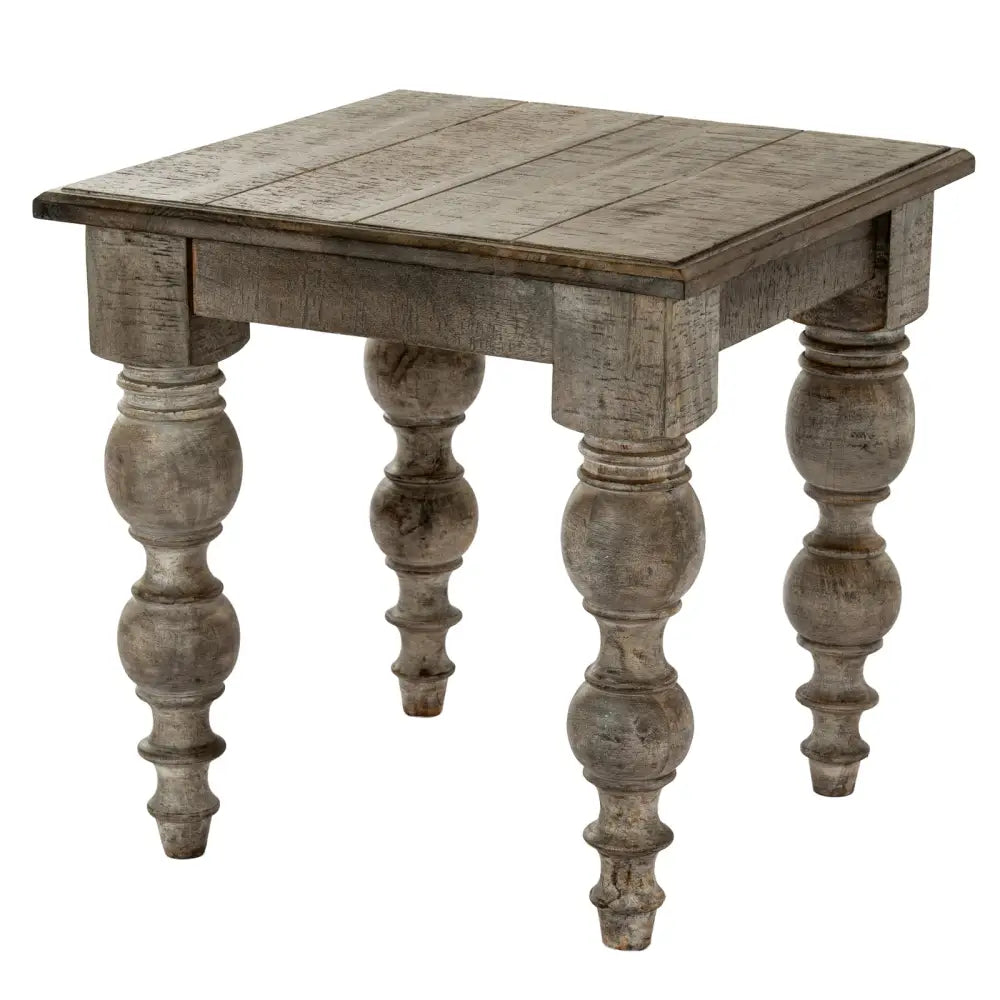 The rutland collection side table features gray distressed wood with turned baluster legs and clean lines design