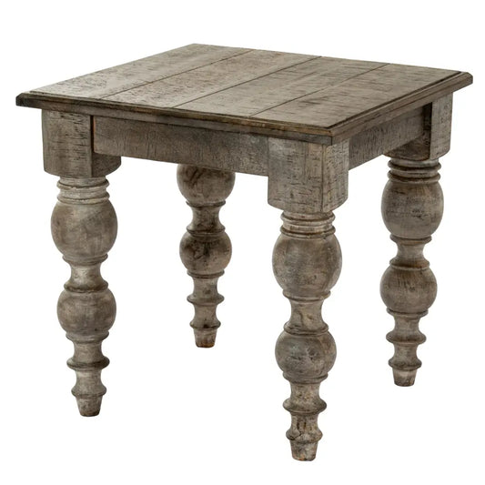 The rutland collection side table features gray distressed wood with turned baluster legs and clean lines design