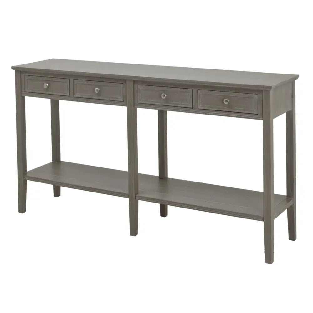 Gray wooden four drawer console table with lower shelf from the serene collection for stylish storage