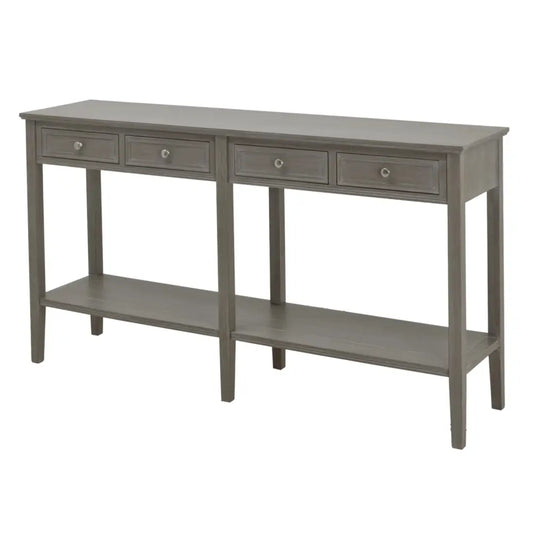 Gray wooden four drawer console table with lower shelf from the serene collection for stylish storage