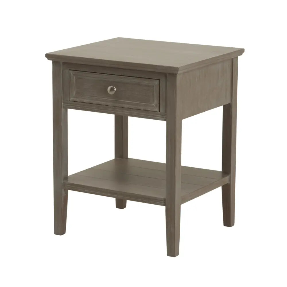 Gray distressed wood nightstand from the serene collection with one drawer and lower shelf in a refined oak finish