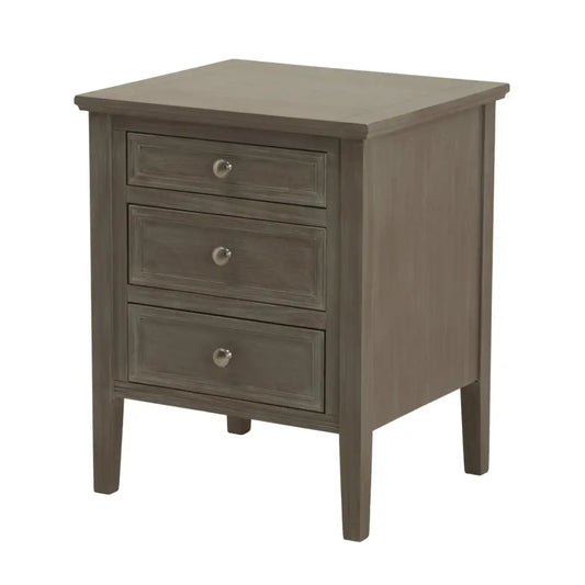 Gray wooden nightstand from the serene collection three with three drawers and silver round knobs for bedside storage
