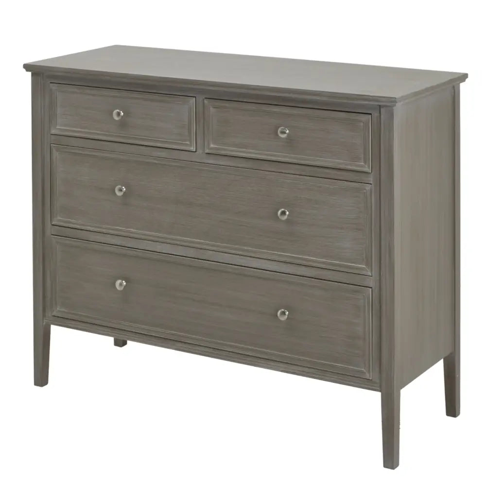 Gray distressed wood dresser from the serene collection two with five drawers and silver round knobs