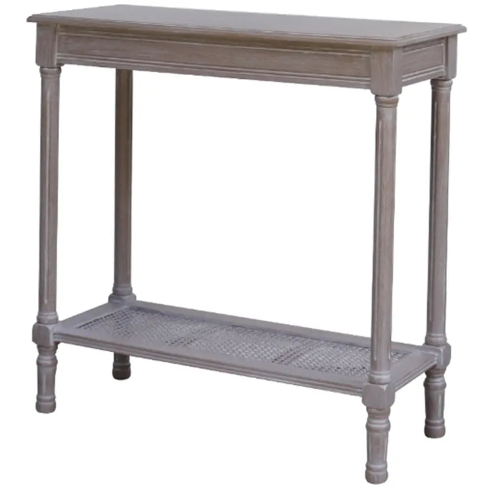 Gray distressed wood console table with cane woven lower shelf from the serene rattan collection