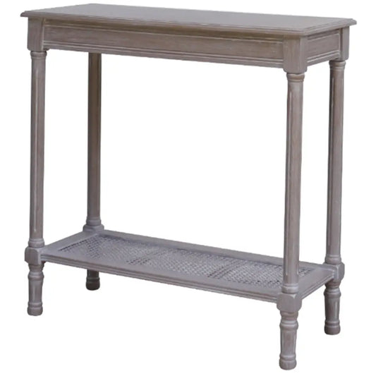 Gray distressed wood console table with cane woven lower shelf from the serene rattan collection