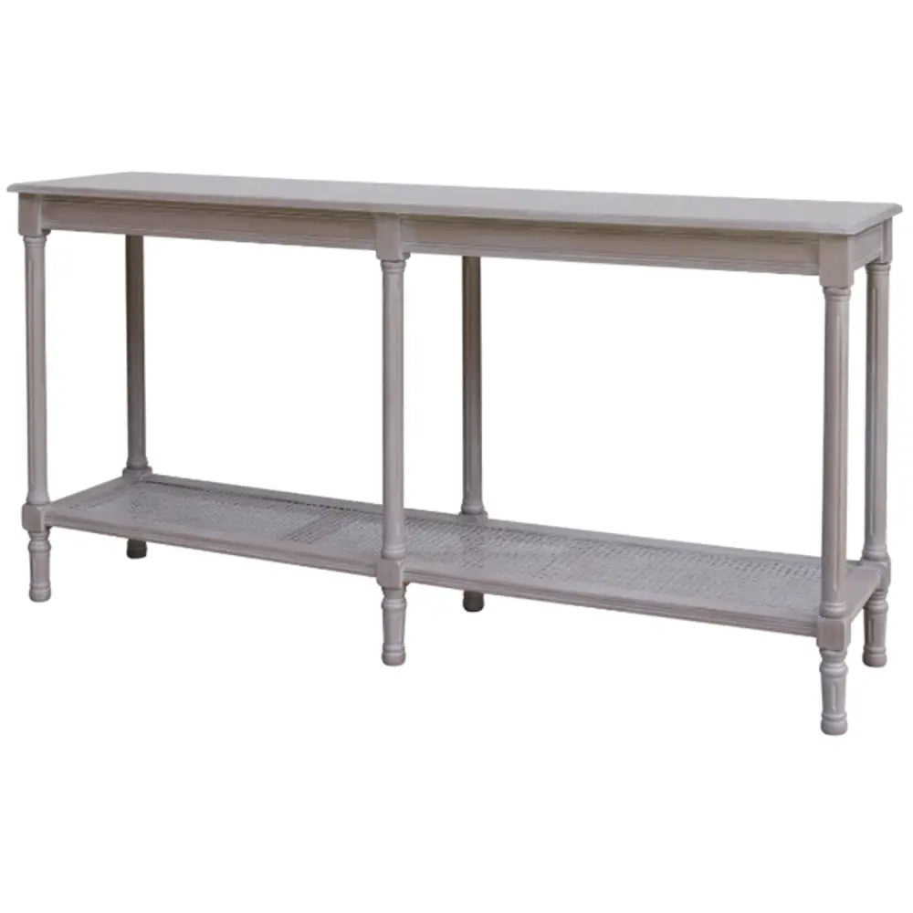 Gray painted wooden console table with cane woven lower shelf from the serene rattan collection