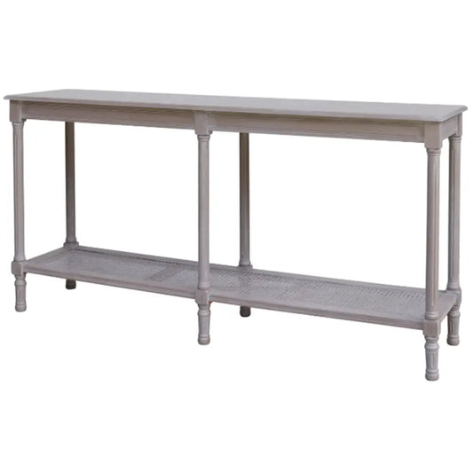 Gray painted wooden console table with cane woven lower shelf from the serene rattan collection