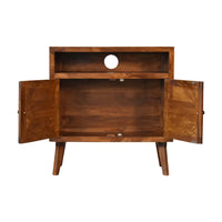A warm-toned wooden tova open shelf cabinet with two open doors, circular cutout, and tapered legs