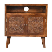 Brown wooden tova open shelf cabinet with intricate mandala carvings and a circular cutout on the top shelf