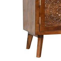 Tova open shelf cabinet with warm wood finish, intricate floral carvings, and tapered legs, perfect open shelf cabinet design